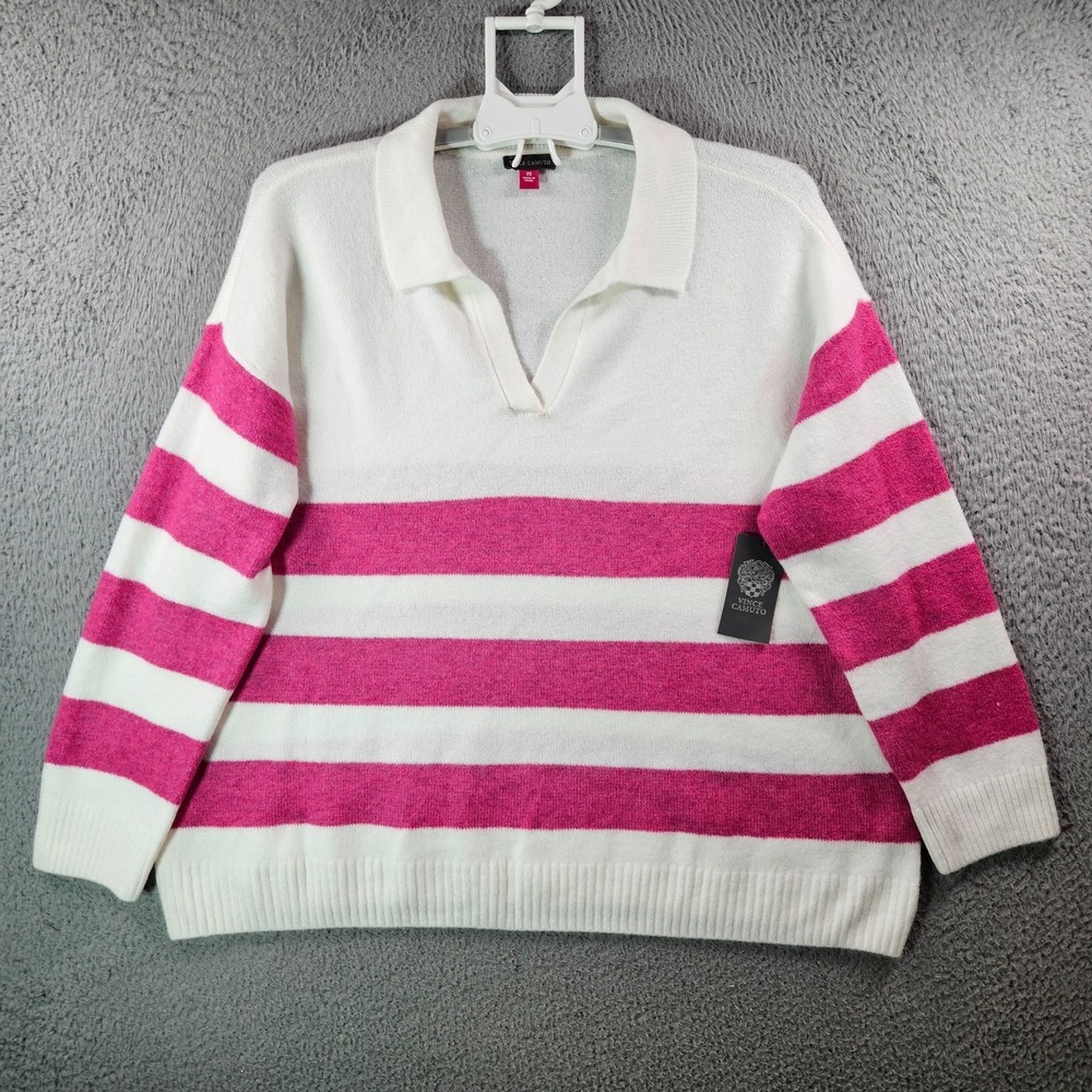 $109 NEW Vince Camuto Sweater 2X Collared Pink Off-White Striped Stretch